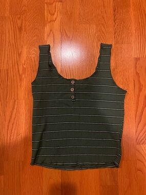 Striped Olive Scoop Neck Tank with Button Front